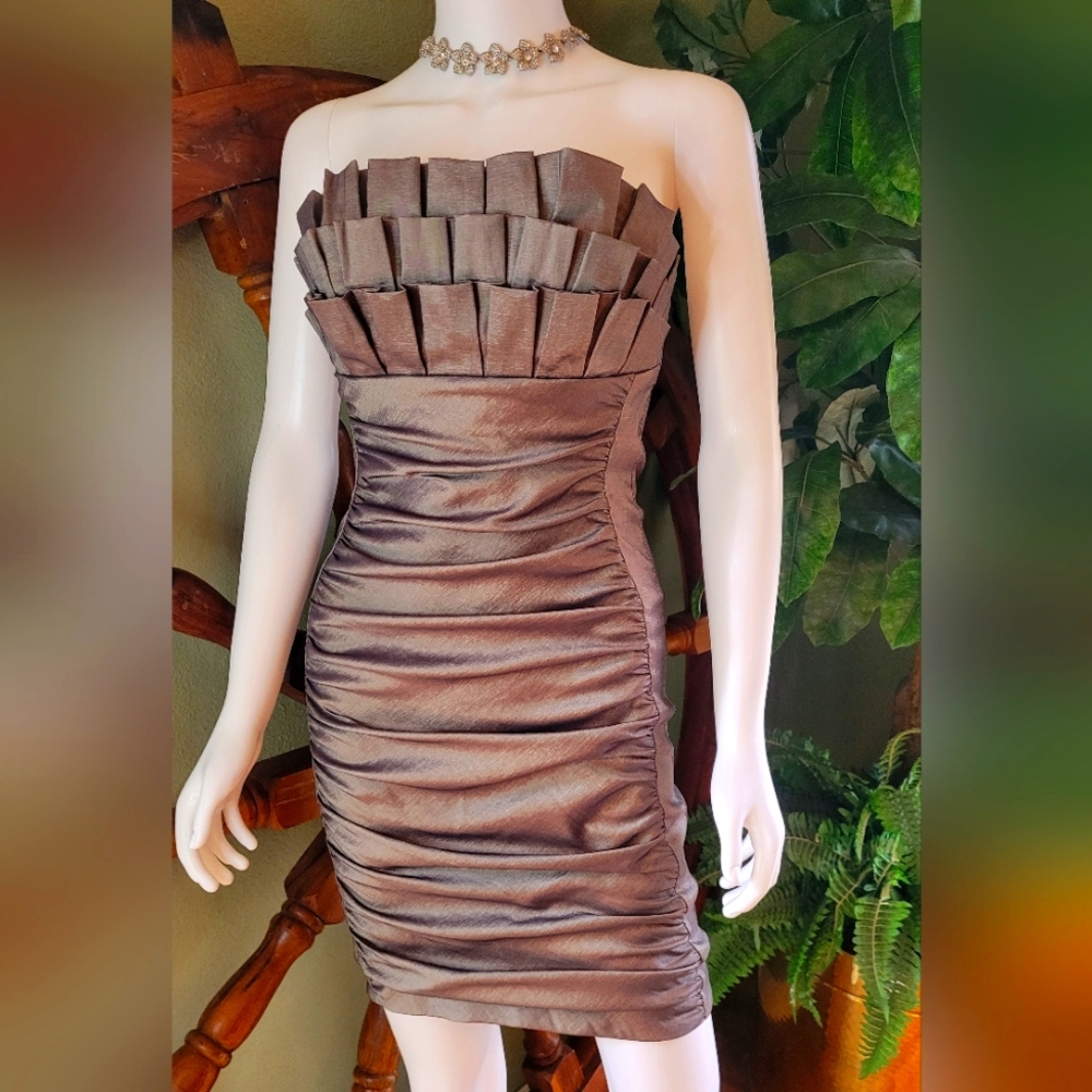 Cache Silver/Gray Ruched Pewter Strapless Mini Dress